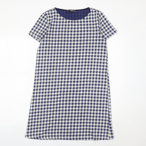 Mango Women Blue Check Shift Dress Size 8 Short Sleeve Knee Length