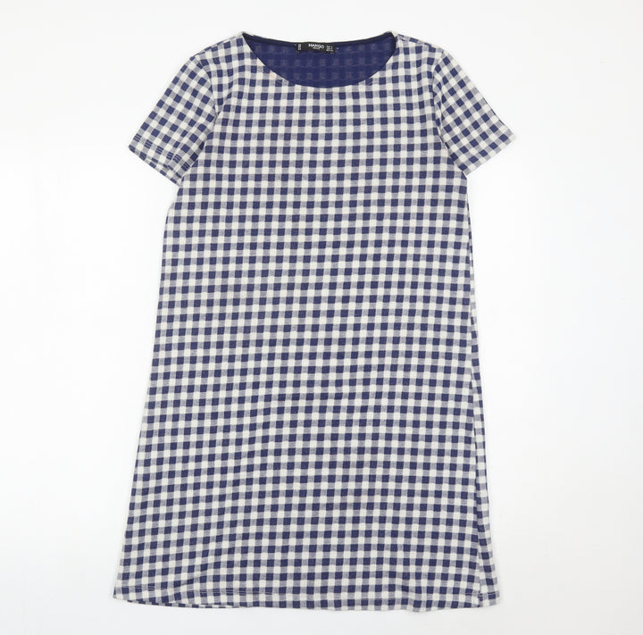 Mango Women Blue Check Shift Dress Size 8 Short Sleeve Knee Length