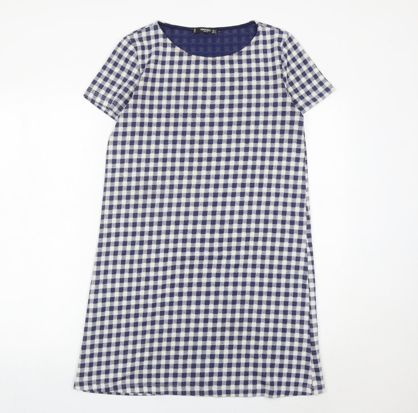 Mango Women Blue Check Shift Dress Size 8 Short Sleeve Knee Length