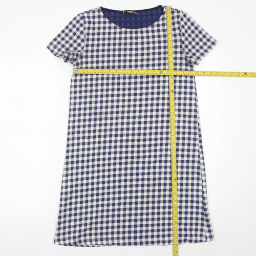 Mango Women Blue Check Shift Dress Size 8 Short Sleeve Knee Length