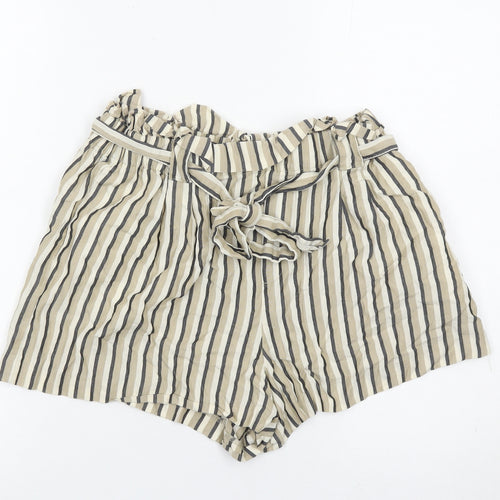 Zara Women Beige Striped Paperbag Shorts Size 14 Cotton High Waist