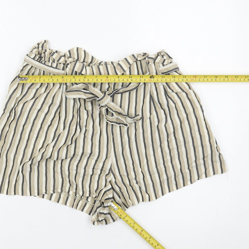 Zara Women Beige Striped Paperbag Shorts Size 14 Cotton High Waist