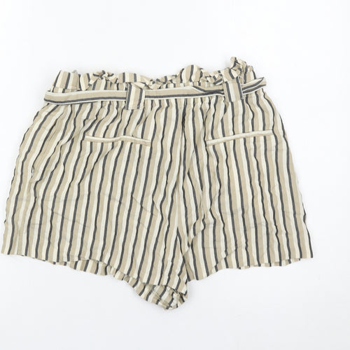 Zara Women Beige Striped Paperbag Shorts Size 14 Cotton High Waist