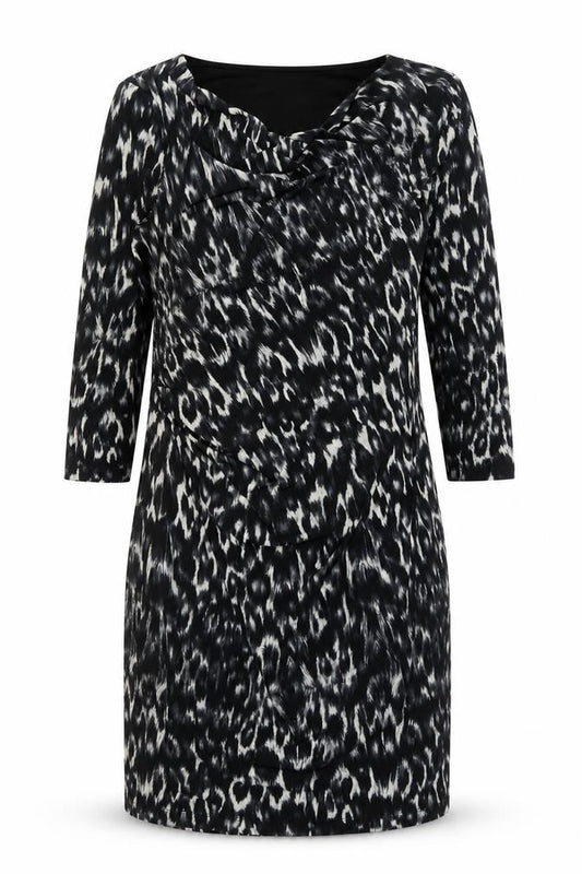 Front view of Fenn Wright Manson Women’s Black Animal Print Bodycon Dress, size UK 16