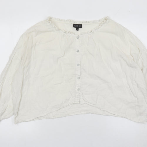 Topshop Women White Cotton Button Blouse UK 8 Long Sleeve Ruffle