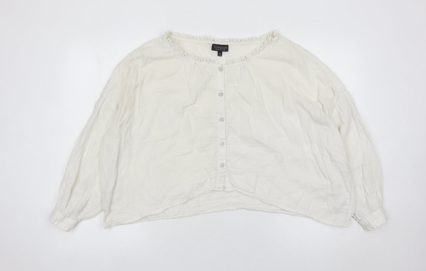 Topshop Women White Cotton Button Blouse UK 8 Long Sleeve Ruffle