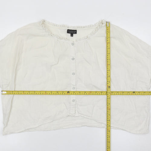 Topshop Women White Cotton Button Blouse UK 8 Long Sleeve Ruffle