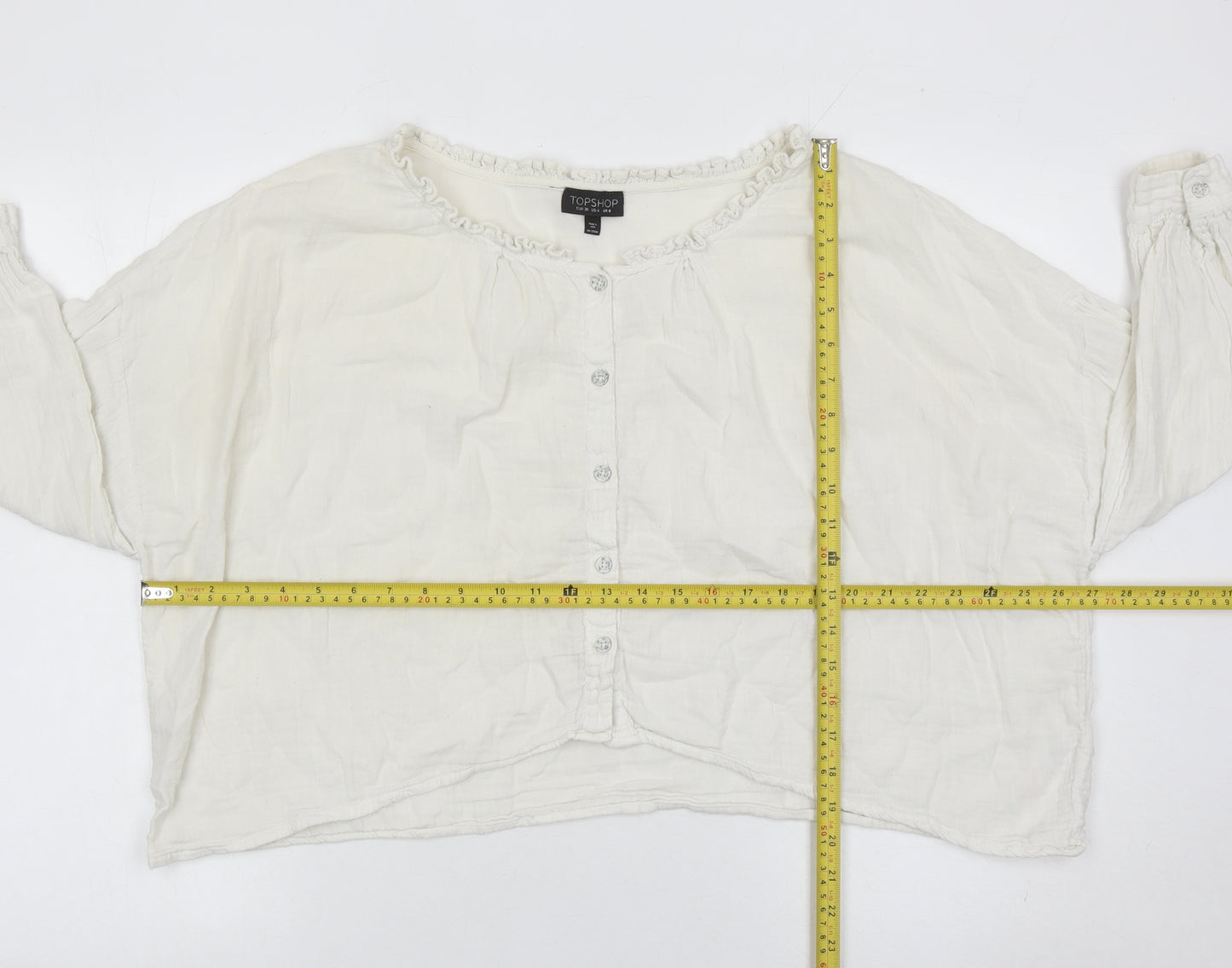 Topshop Women White Cotton Button Blouse UK 8 Long Sleeve Ruffle