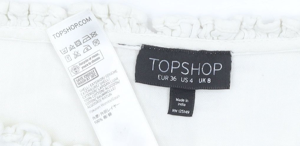 Topshop Women White Cotton Button Blouse UK 8 Long Sleeve Ruffle