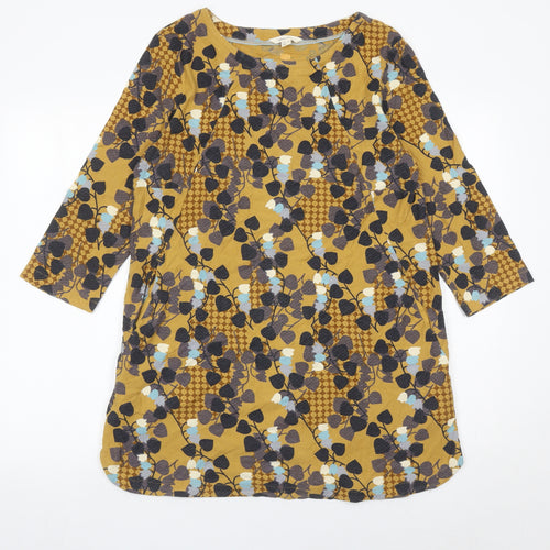 White Stuff Women’s Yellow Floral Shift Dress UK 12 Cotton 3/4 Sleeve