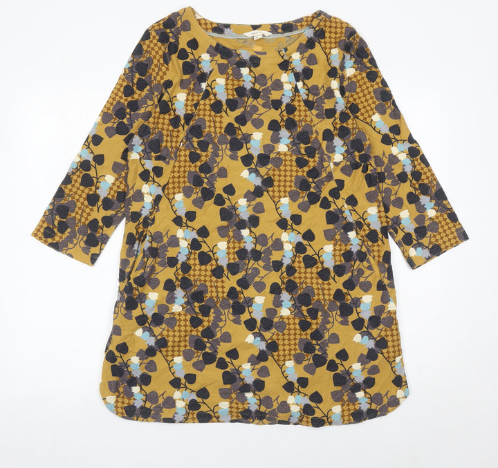 White Stuff Women’s Yellow Floral Shift Dress UK 12 Cotton 3/4 Sleeve