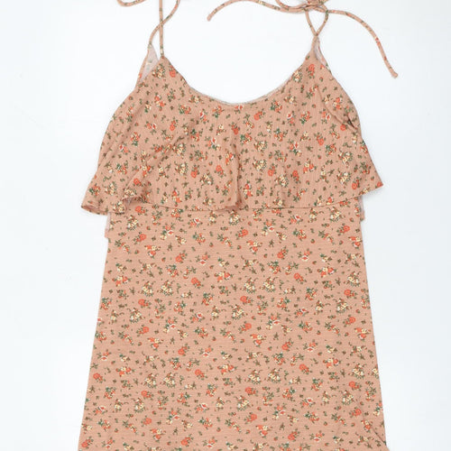 Topshop Women’s Beige Floral Slip Dress Size 8 Ruffle Scoop Neck