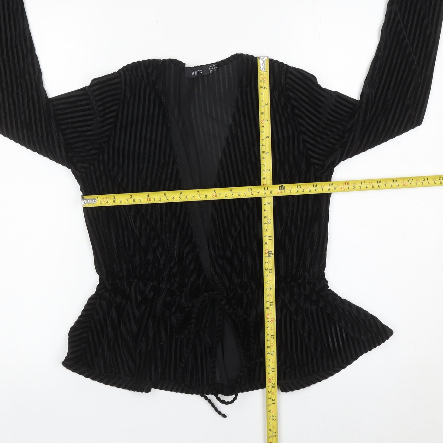 LOTD Women’s Black Velvet Striped Wrap Blouse UK 8 Long Sleeve