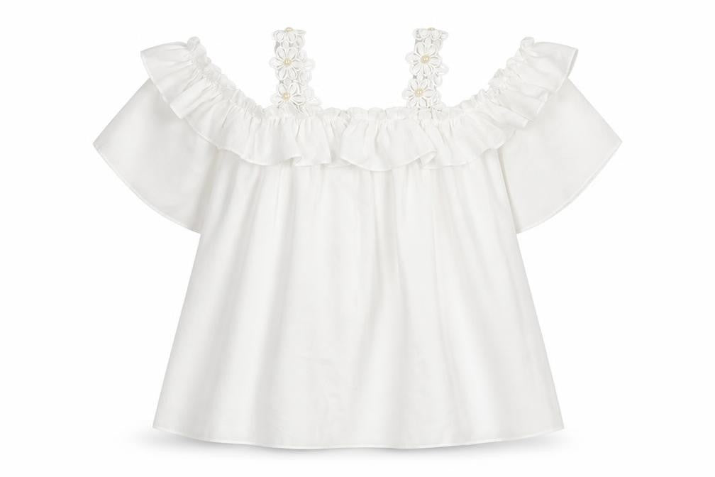 Front view of Quiz Women White Off Shoulder Ruffle Tunic Blouse, size M