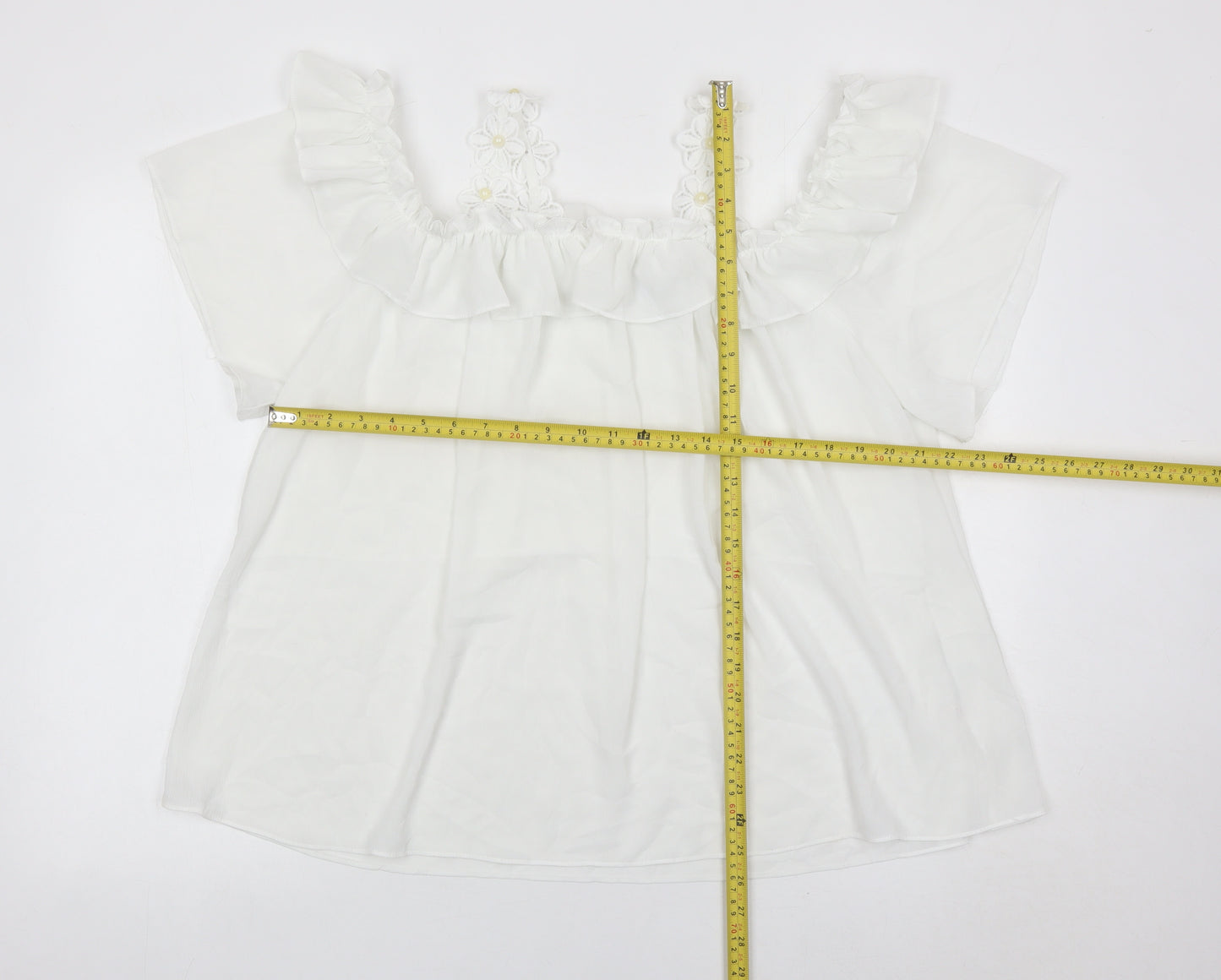 Quiz Women White Off Shoulder Ruffle Tunic Blouse Size M