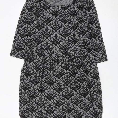 Kaleidoscope Women’s Grey Black Shift Dress UK 12 Scoop Neck 3/4 Sleeve