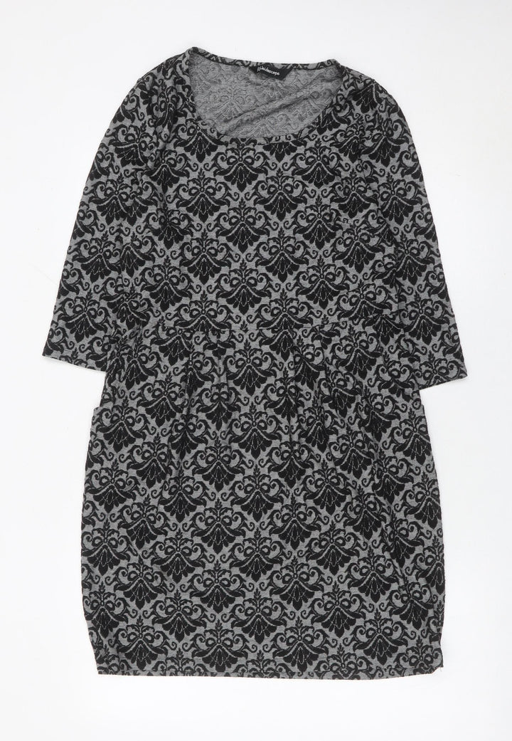 Kaleidoscope Women’s Grey Black Shift Dress UK 12 Scoop Neck 3/4 Sleeve