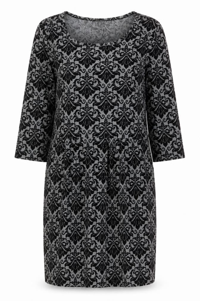 Kaleidoscope Women’s Grey Black Shift Dress UK 12 Scoop Neck 3/4 Sleeve