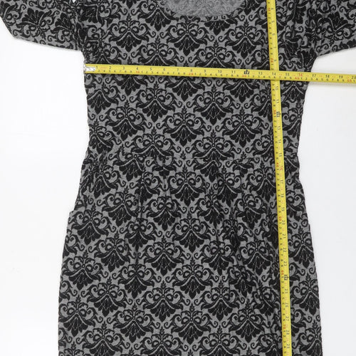 Kaleidoscope Women’s Grey Black Shift Dress UK 12 Scoop Neck 3/4 Sleeve