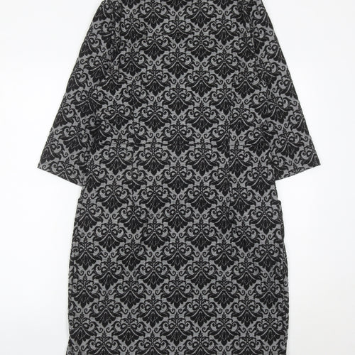 Kaleidoscope Women’s Grey Black Shift Dress UK 12 Scoop Neck 3/4 Sleeve
