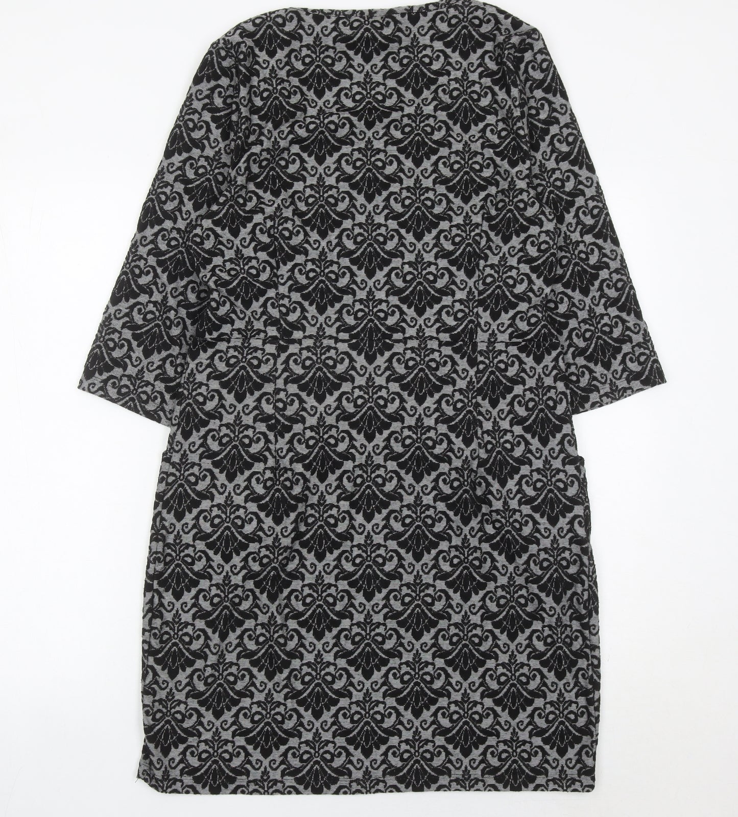 Kaleidoscope Women’s Grey Black Shift Dress UK 12 Scoop Neck 3/4 Sleeve