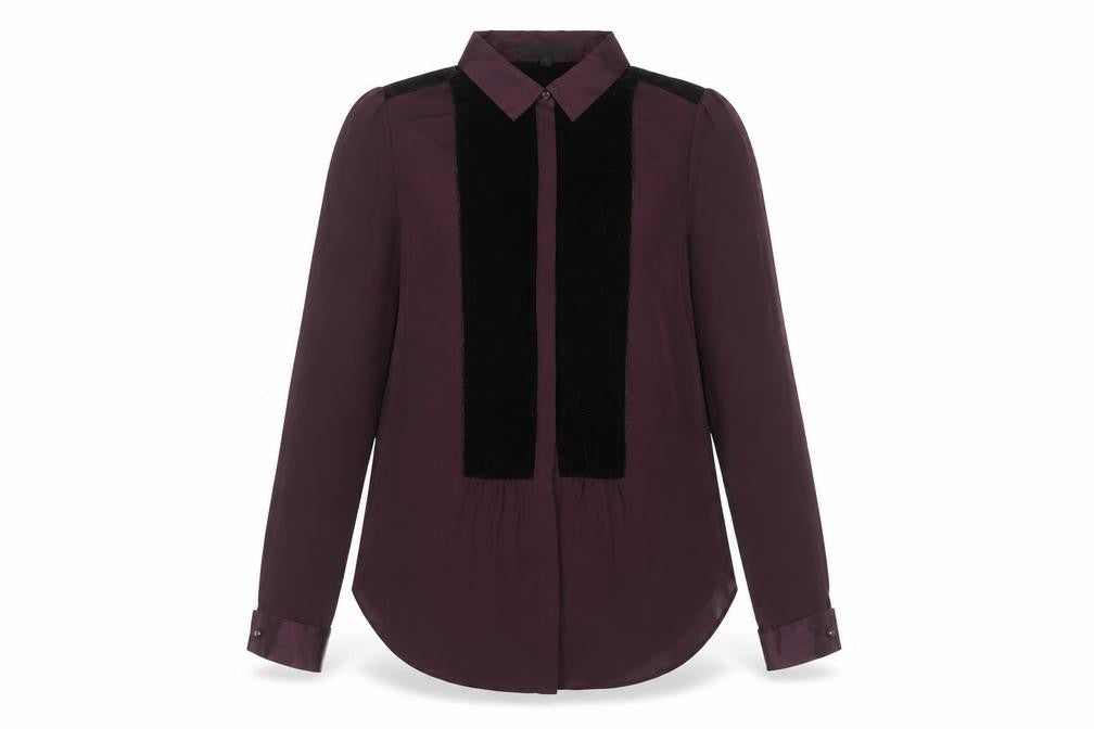 Front view of Next women’s purple long sleeve collared blouse, size UK 10, polyester