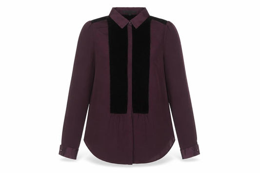 Front view of Next women’s purple long sleeve collared blouse, size UK 10, polyester