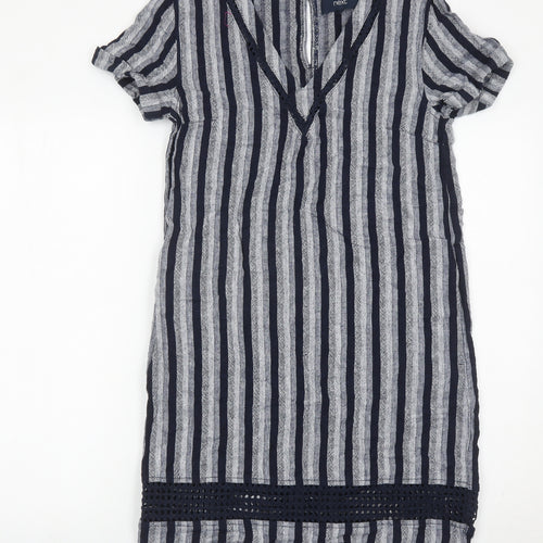Next Women’s Blue Striped Linen Blend Shift Dress Size 8 V-Neck