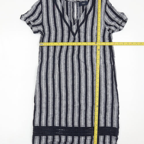 Next Women’s Blue Striped Linen Blend Shift Dress Size 8 V-Neck