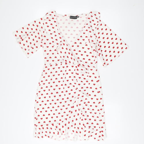 PrettyLittleThing Women White Red Heart Print Wrap Dress Size 10