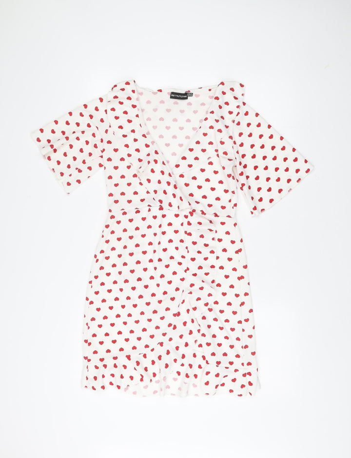 PrettyLittleThing Women White Red Heart Print Wrap Dress Size 10