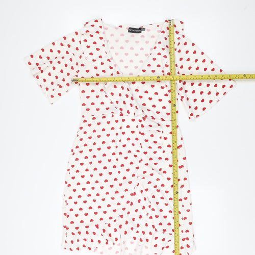 PrettyLittleThing Women White Red Heart Print Wrap Dress Size 10