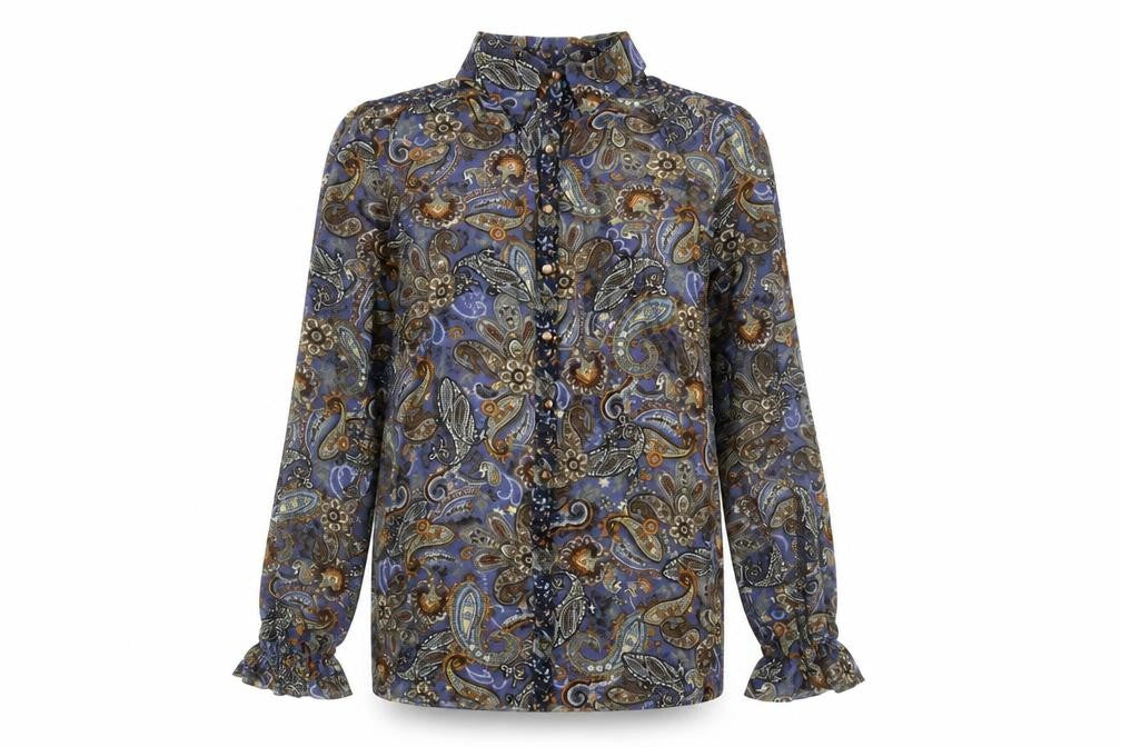 Front view of Mango Suit women’s multicoloured paisley blouse, size UK 12, tunic style