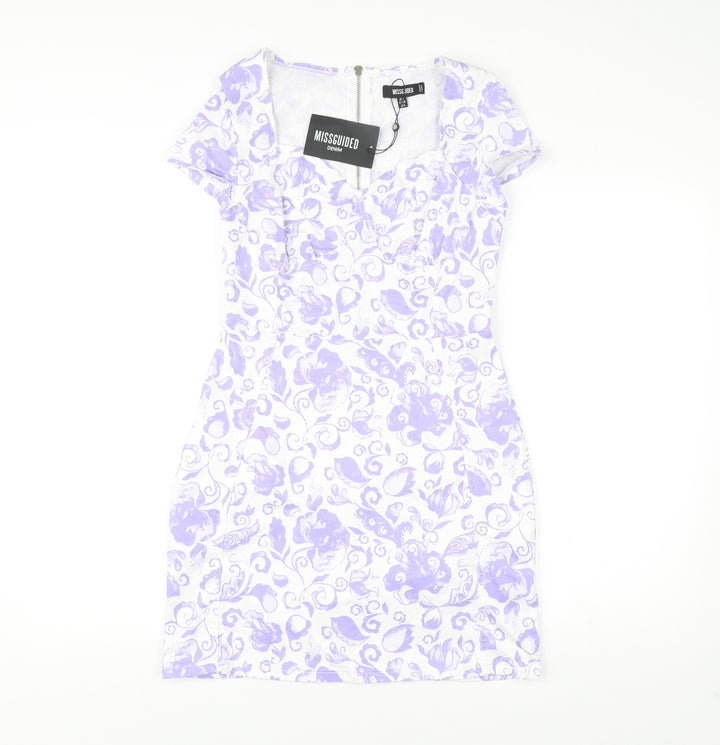 Missguided Women’s Multicoloured Floral Bodycon Dress UK 8 Short Sleeve Scoop Neck