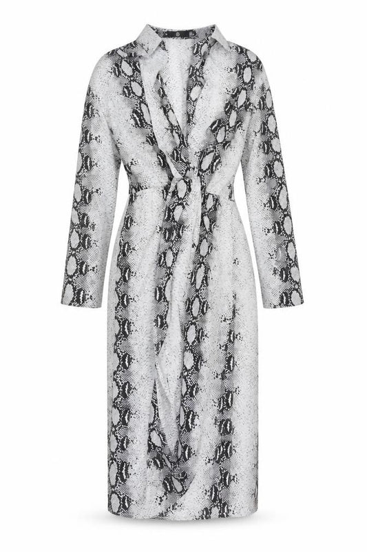 Front view of Missguided Women's Grey Animal Print Bodycon Wrap Dress, size 16, Long Sleeve