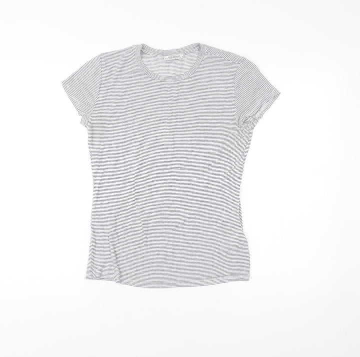 Zara Trafaluc Womens Grey Striped T-Shirt Size S Short Sleeve Modal Blend