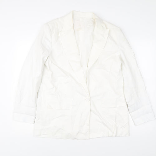 MNG Women’s White Linen Blend Blazer L Mid-Length Work Jacket