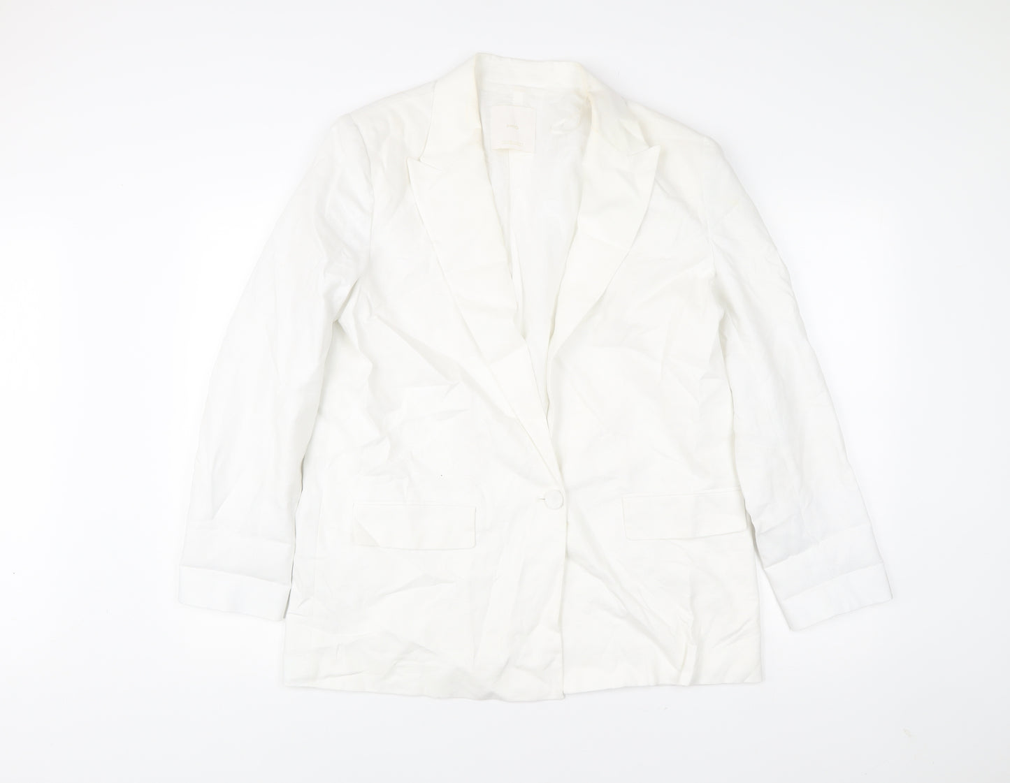 MNG Women’s White Linen Blend Blazer L Mid-Length Work Jacket