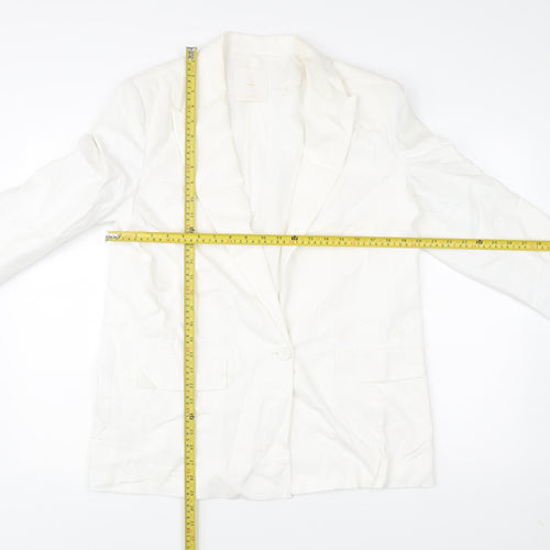 MNG Women’s White Linen Blend Blazer L Mid-Length Work Jacket
