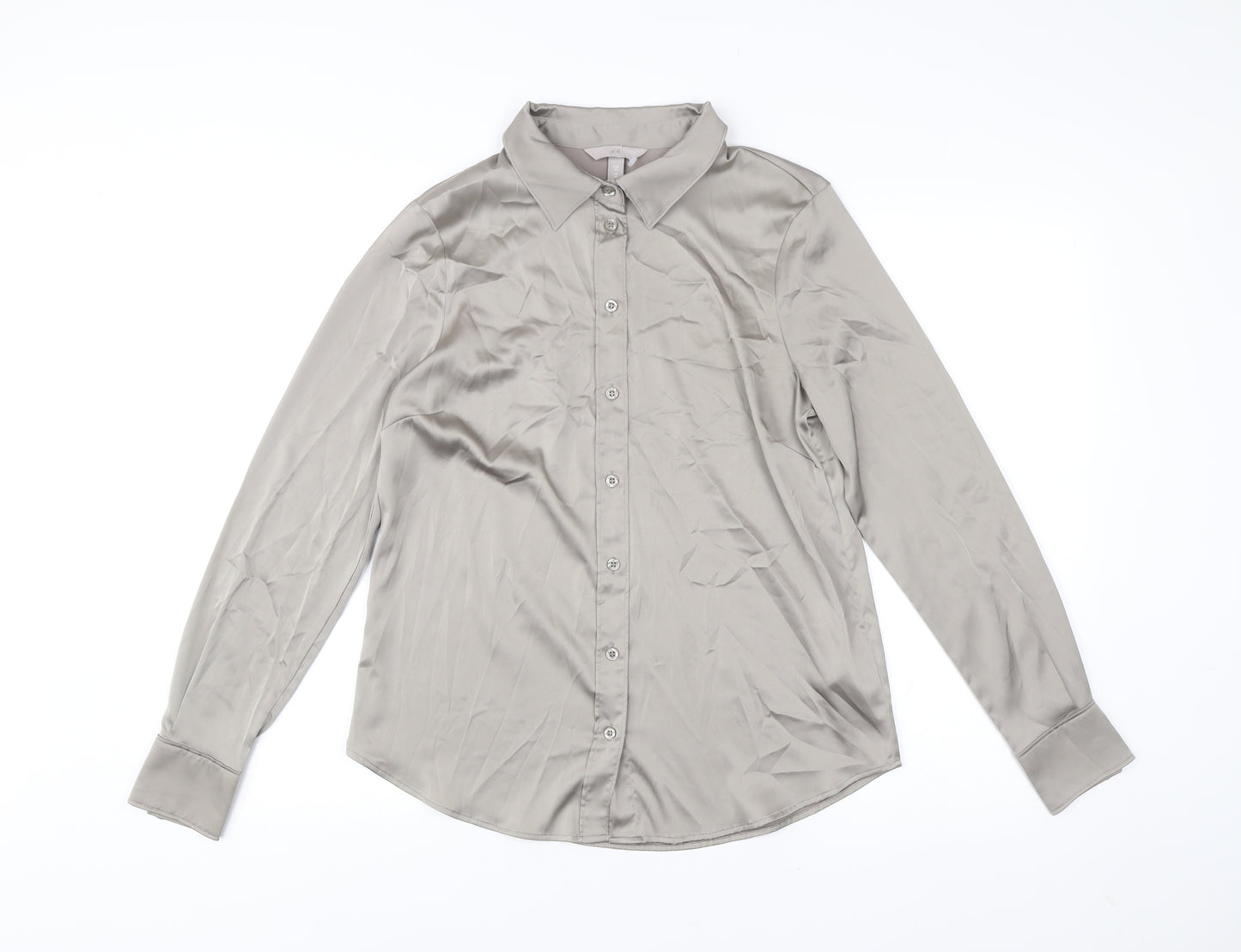 H&M Women’s Grey Button-Up Shirt Size 14 Long Sleeve Polyester
