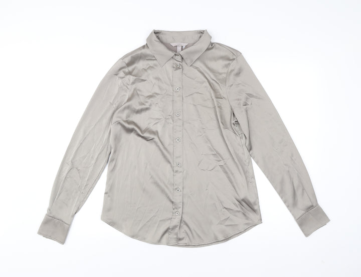 H&M Women’s Grey Button-Up Shirt Size 14 Long Sleeve Polyester