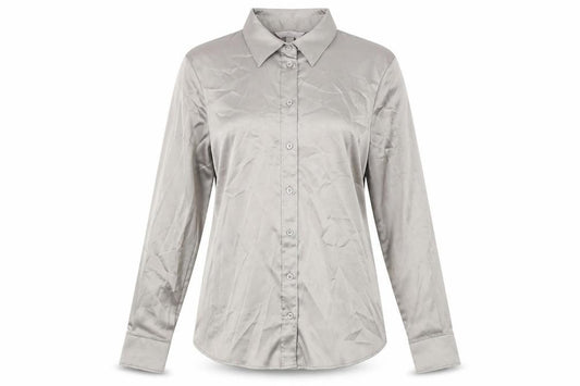 Front view of H&M Women’s Grey Button-Up Shirt, size UK 14, Long Sleeve Polyester