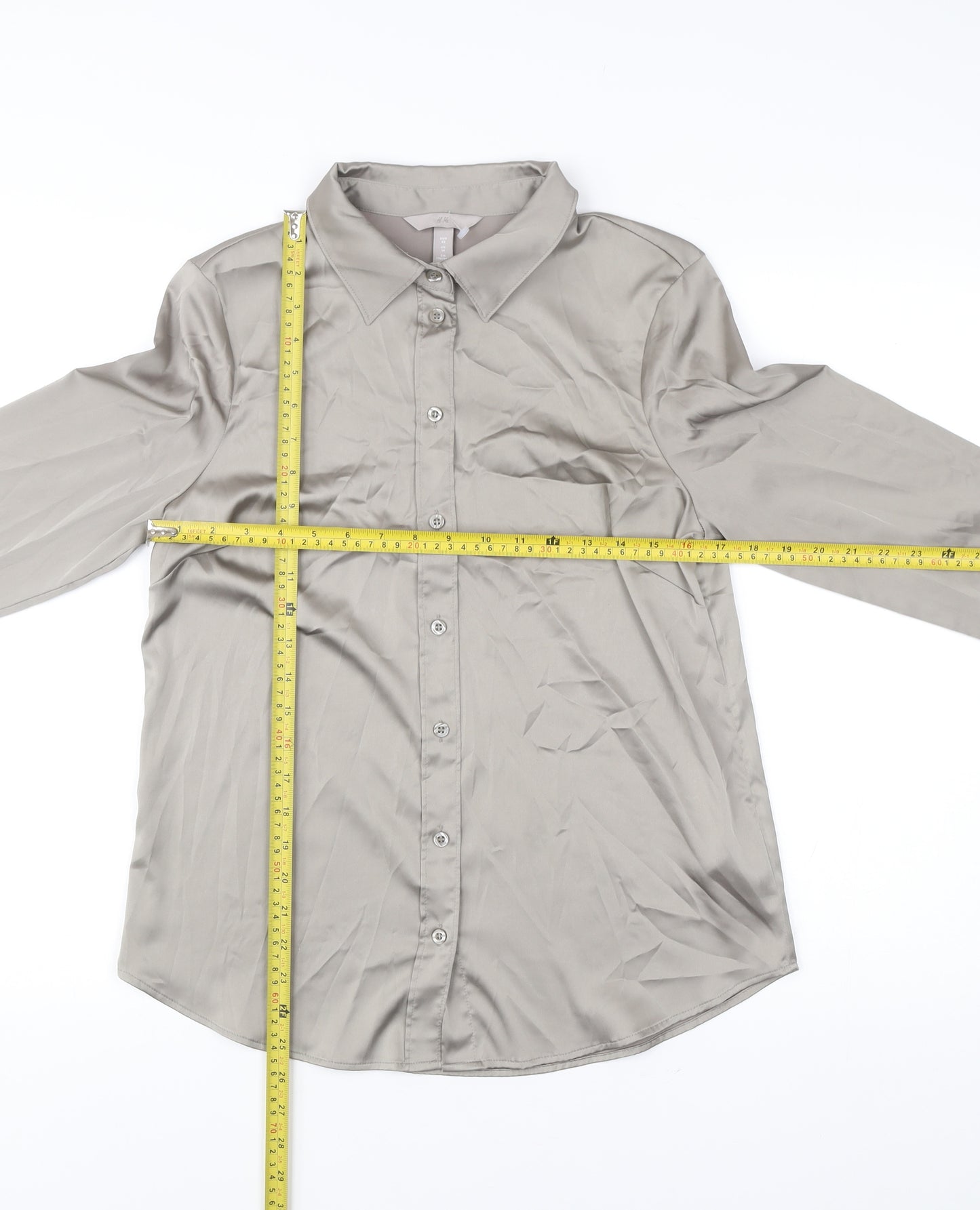 H&M Women’s Grey Button-Up Shirt Size 14 Long Sleeve Polyester