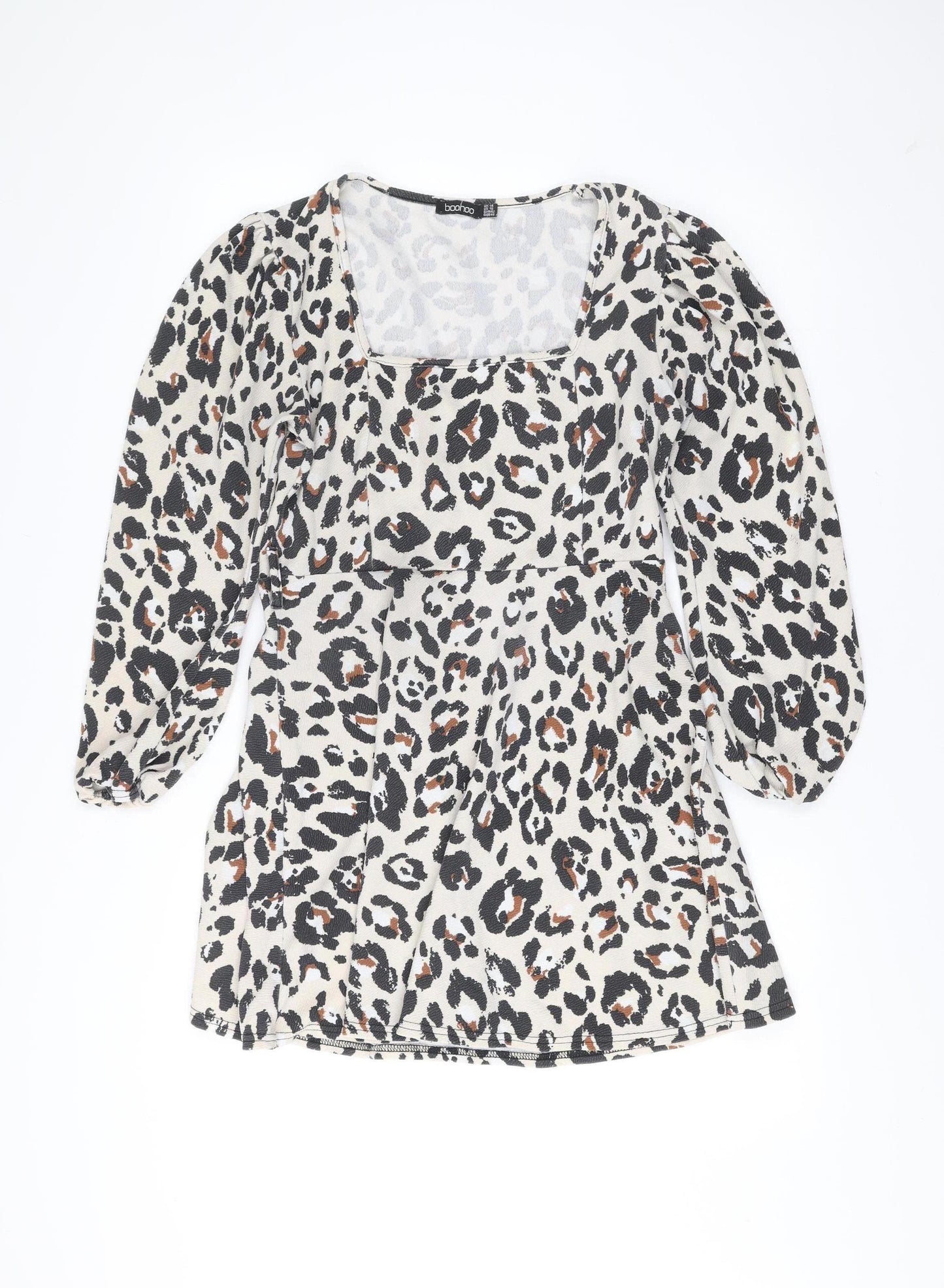 Boohoo Women’s Leopard Print Bodycon Dress Size 14 Long Sleeve