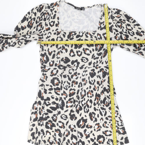 Boohoo Women’s Leopard Print Bodycon Dress Size 14 Long Sleeve