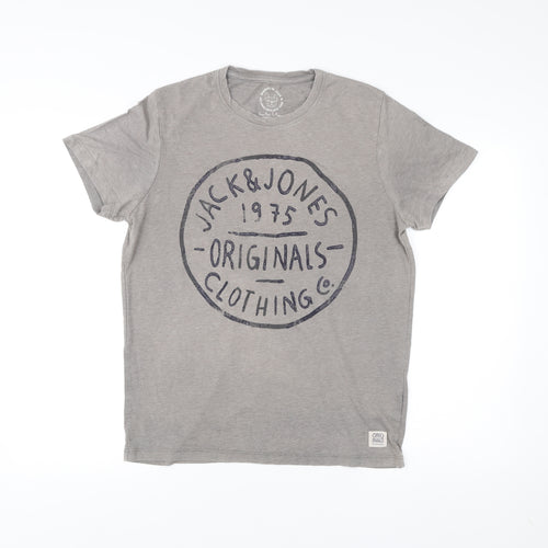 Jack & Jones Men’s Grey Graphic Print T-Shirt Size L Crew Neck