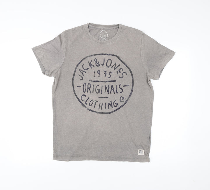 Jack & Jones Men’s Grey Graphic Print T-Shirt Size L Crew Neck