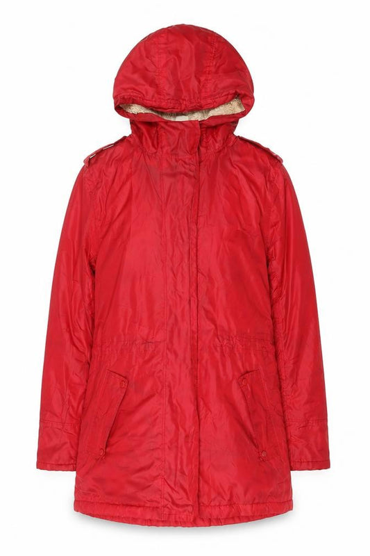 Front view of Cotton Traders women’s red, size UK 12, polyester hooded parka coat