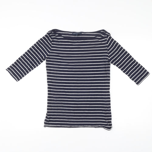 French Connection Women Blue Striped 3/4 Sleeve Boat Neck T-Shirt L