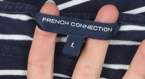 French Connection Women Blue Striped 3/4 Sleeve Boat Neck T-Shirt L